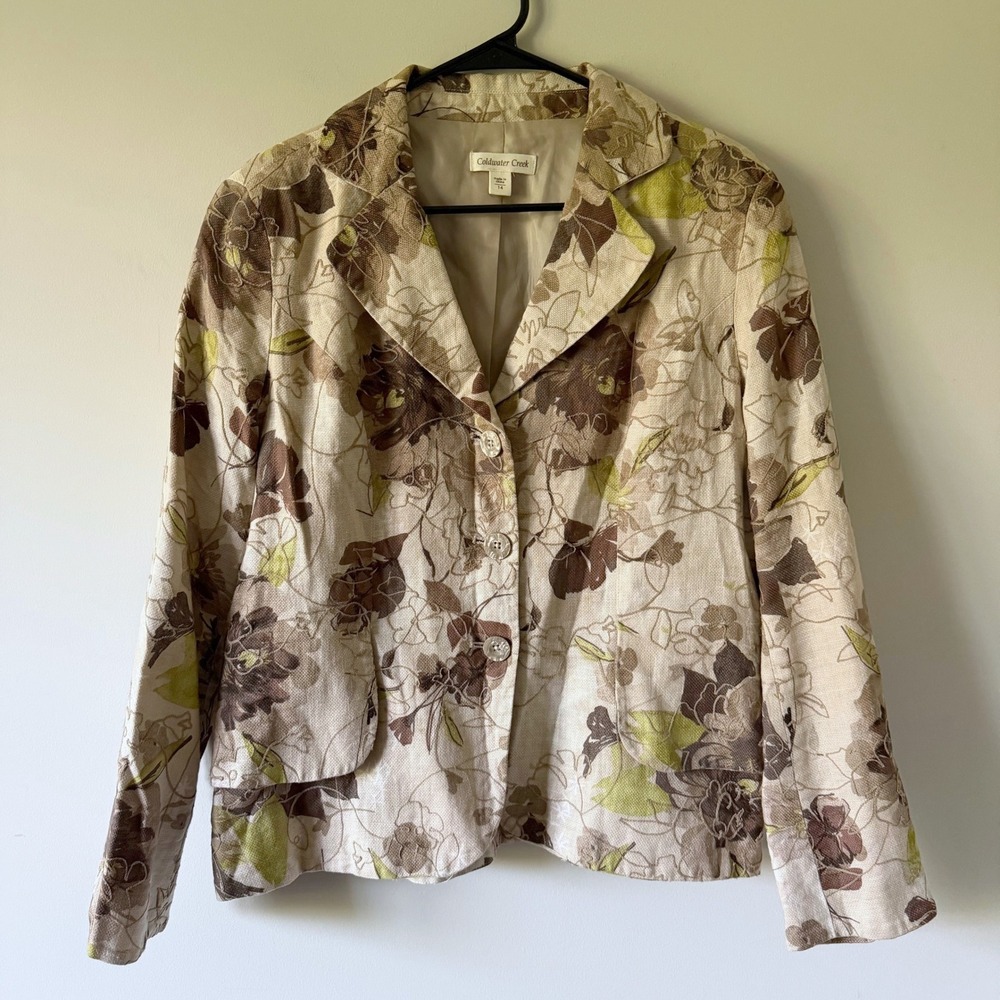 Coldwater Creek Floral Linen Blend Blazer Jacket Brown Green Embroidered Size 14